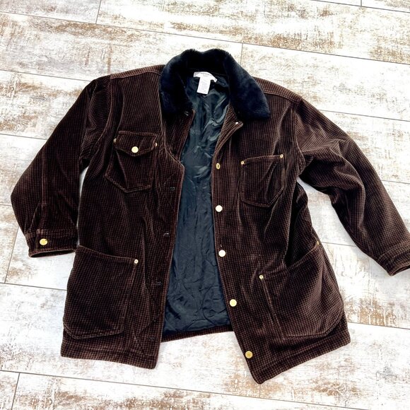 Jones New York Quilted Black & Brown Velour Jacket with Faux Fur Collar - Picture 2 of 11